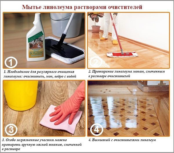 Мытье линолеума растворами очистителей
